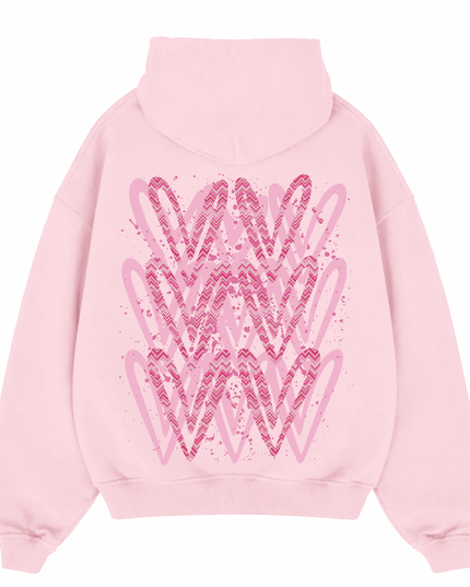 Hot Pink Zig Zag Heart Printed  Hoodie Kids