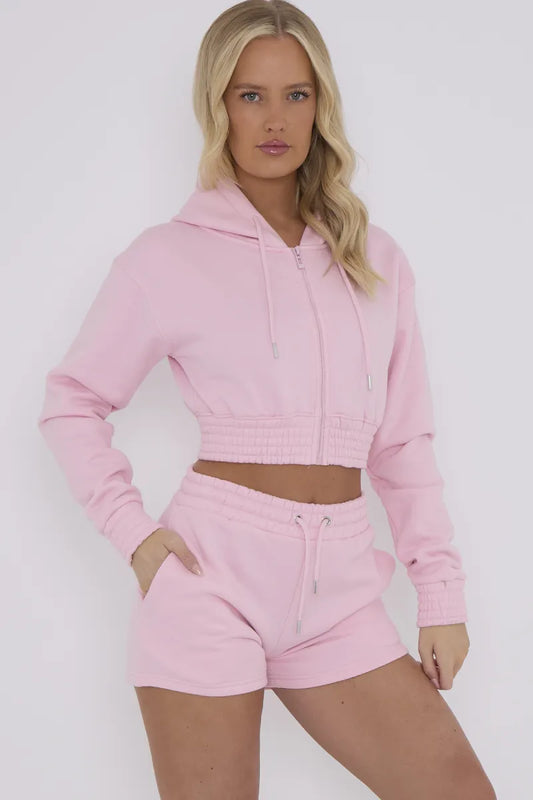 Cropped Zip Up Hoodie & Shorts Fleece Co-ord Pink