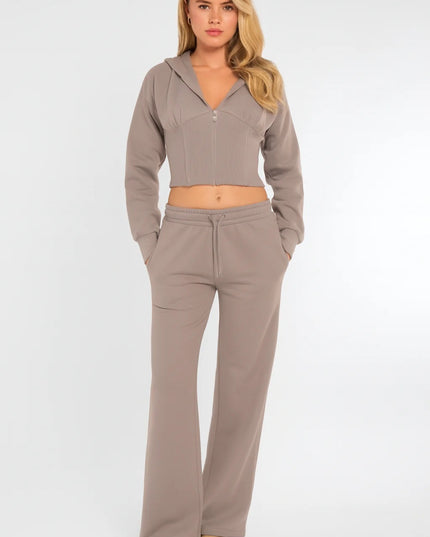 Cropped Zip Up Hood Sweatshirt & Wide Leg Trouser Tracksuit Dove Grey