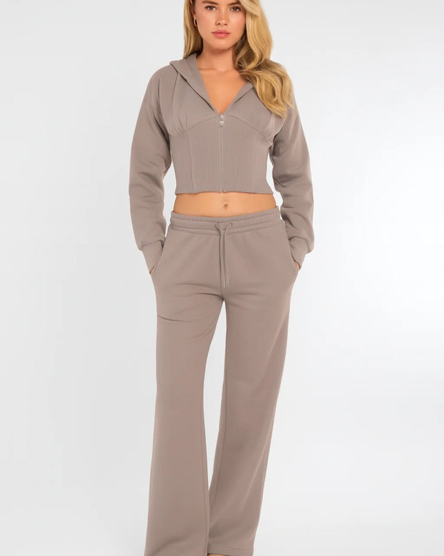 Cropped Zip Up Hood Sweatshirt & Wide Leg Trouser Tracksuit Dove Grey