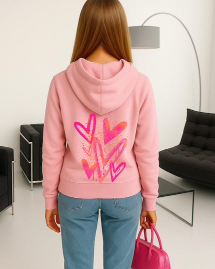 Neon Pink And Orange Scatter Hearts Printed Hoodie