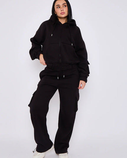 Cargo Style Zip Hooded Tracksuit Black