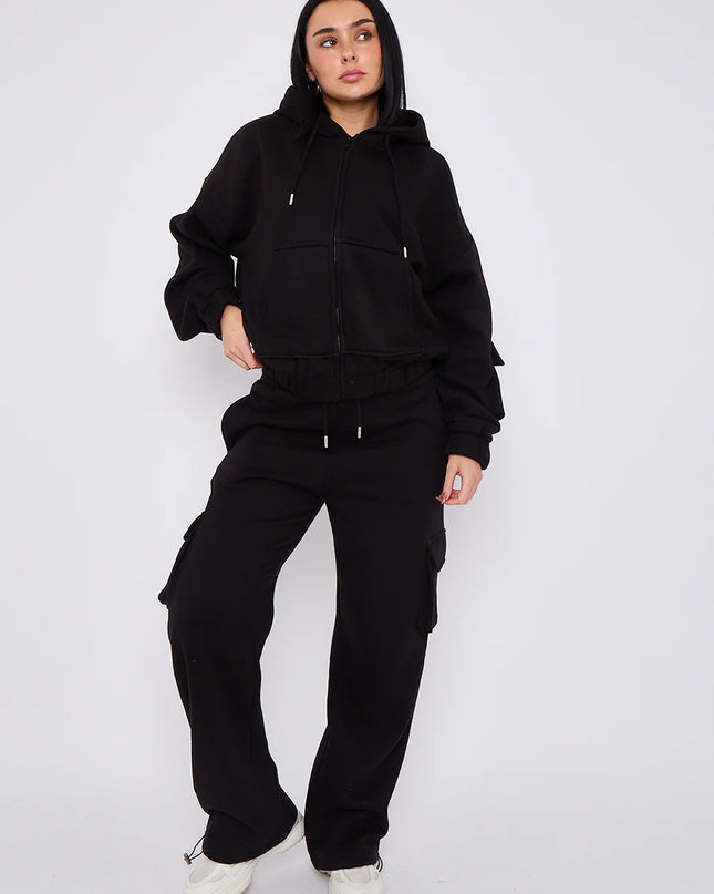 Cargo Style Zip Hooded Tracksuit Black