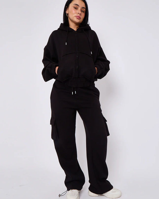 Cargo Style Zip Hooded Tracksuit Black