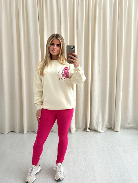 Pink Evil Eye, Peace, Heart Graffiti Sweatshirt Legging Set Cream