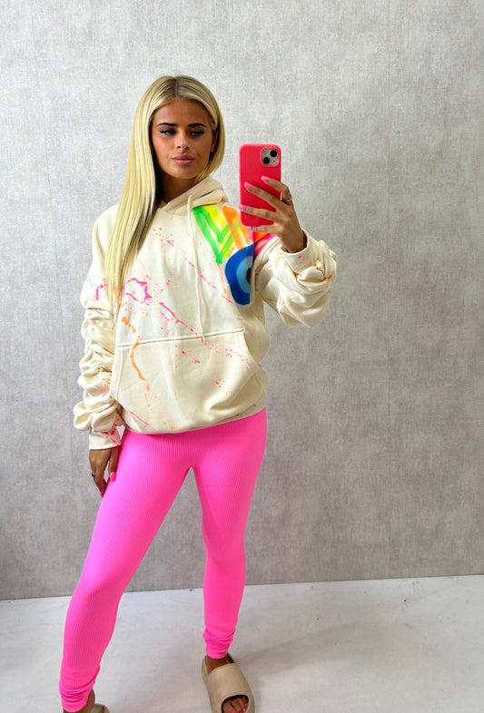 Neon Heart/Evil Eye Sprayed Ruched Hoodie And Neon Pink Legging Set