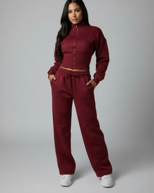 Crucifix Embroidered Crop Top Fleece Co-ord Chocolate Burgundy