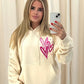 Miss Runway Pink Heart Graffiti Ruched Hoodie Cream