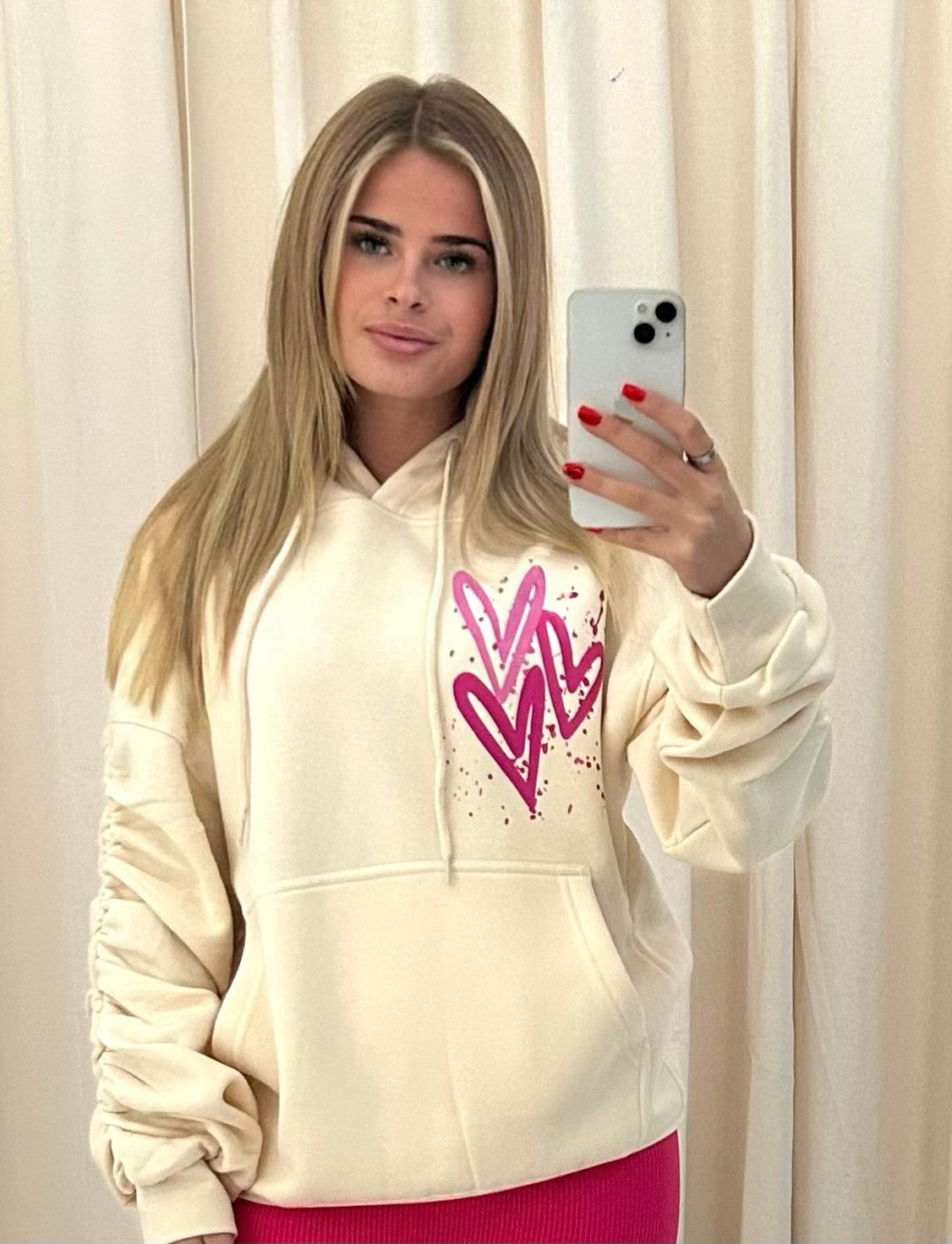 Miss Runway Pink Heart Graffiti Ruched Hoodie Cream