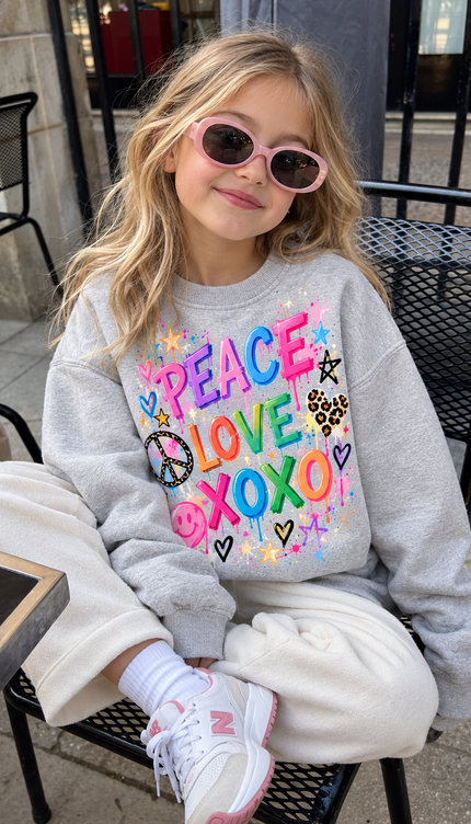 Front of the Peace, Love & Leopard kids' sweatshirt in grey marl with rainbow PEACE LOVE XOXO lettering with a peace sign, a smiley and a leopard heart – Miss Runway
