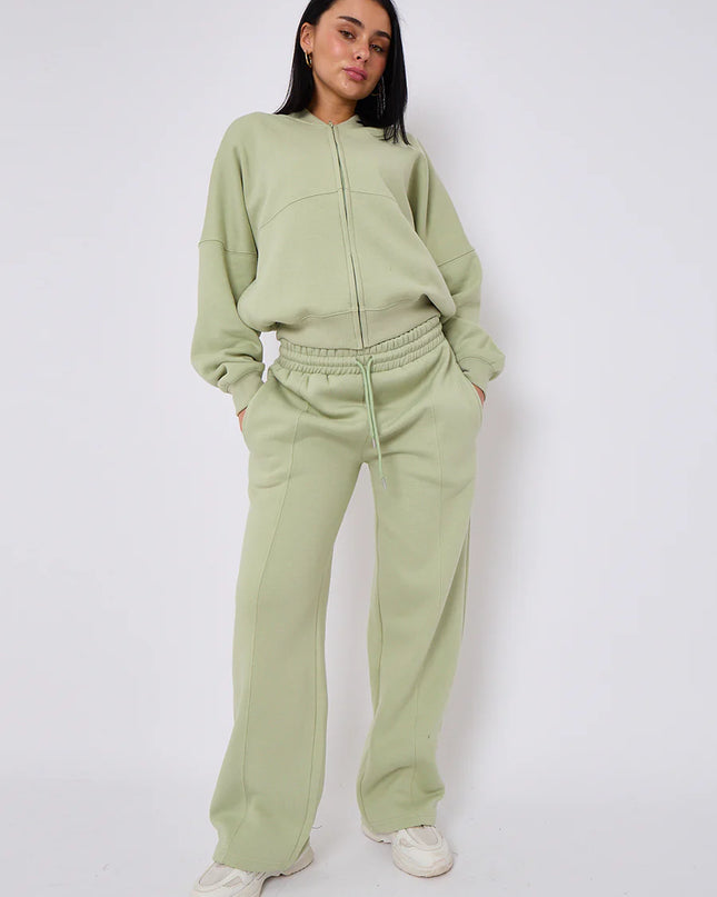 Oversized Bomber Style Fleece Zipper Co-ord Forest Sage Green