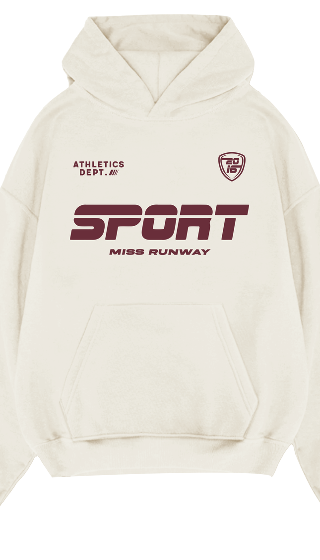 Miss Runway Varsity Sport Hoodie Cream – adult printed hoodie by Miss Runway