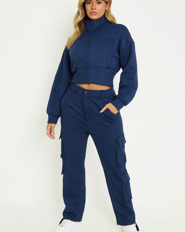Cropped Zip Up Sweatshirt & Cargo Trouser Tracksuit Navy