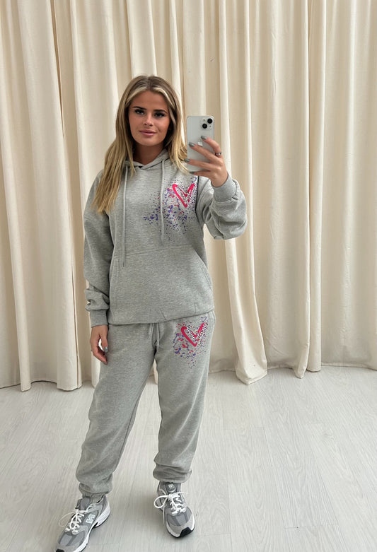 Multicoloured Leopard Print Graffiti Hooded Tracksuit Grey