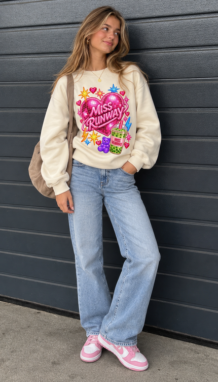 Miss Runway Disco Heart kids' sweatshirt in cream with a bright pink heart and colourful star print