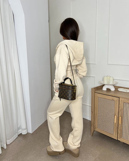 Cropped Zip Up Hood Sweatshirt & Wide Leg Trouser Tracksuit Cream