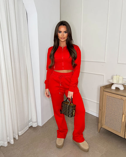 Cropped Zip Up Sweatshirt & Wide Leg Trouser Tracksuit Red
