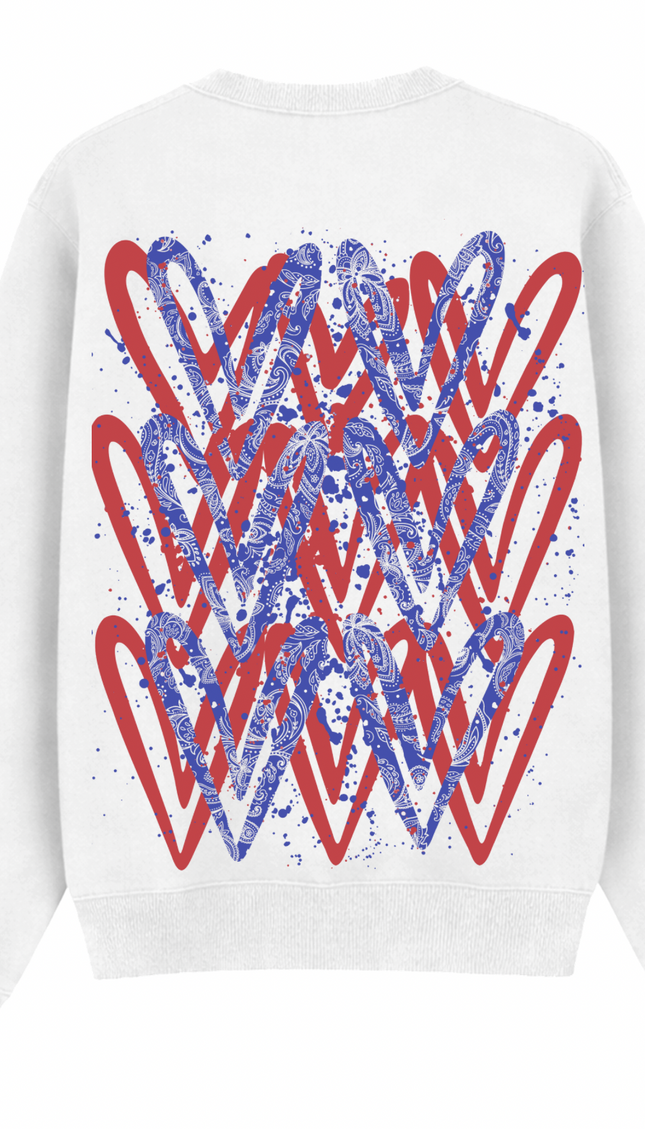 Red/Royal Paisley graffiti heart sweatshirt with spray paint effect print – women's sweatshirt by Miss Runway