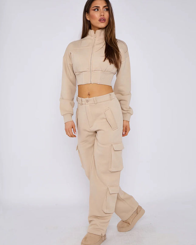 Cropped Zip Up Sweatshirt & Cargo Trouser Tracksuit Beige