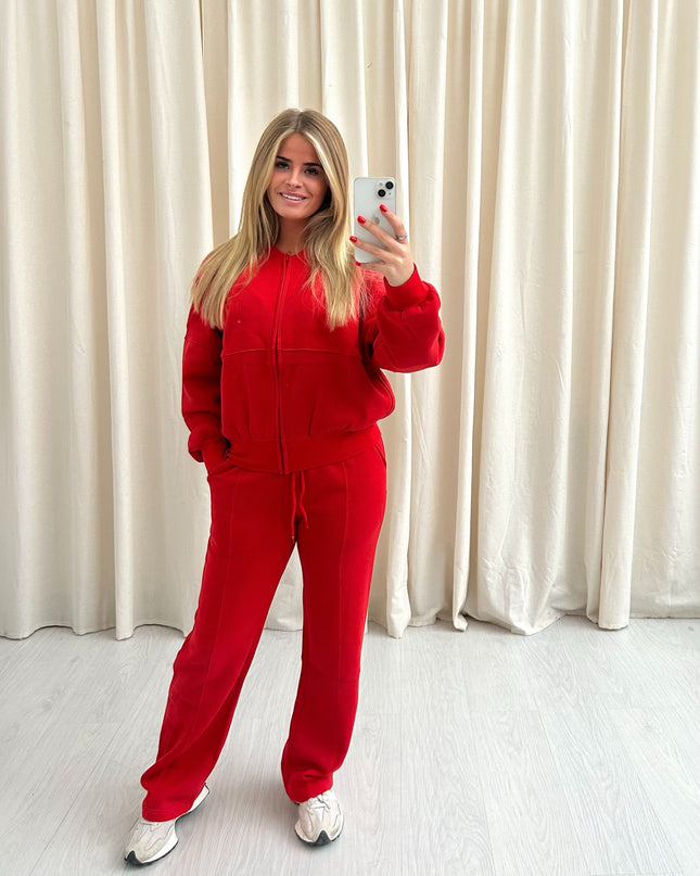 Red Oversized Bomber Style Fleece Zipper Co-ord