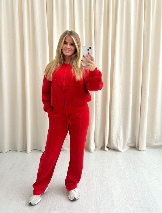 Red Oversized Bomber Style Fleece Zipper Co-ord