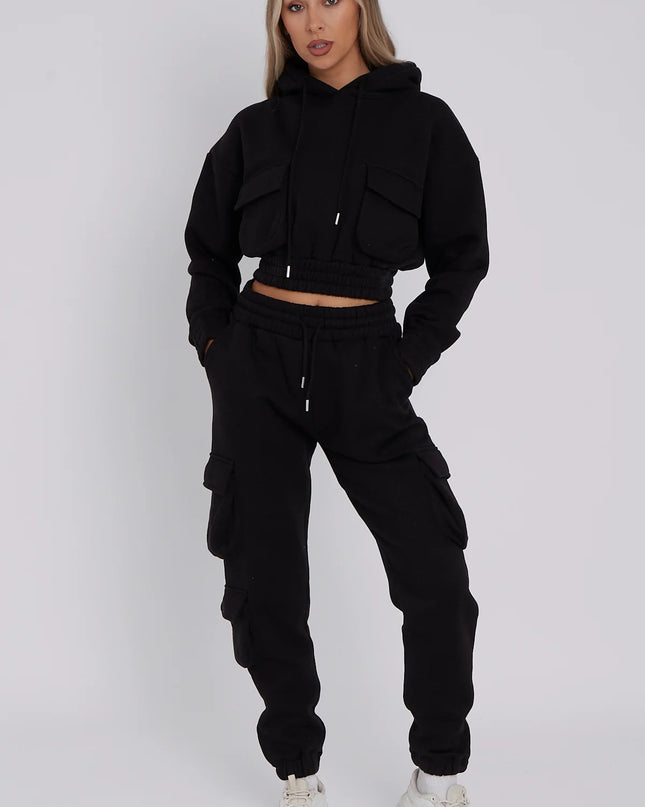 Cargo Pockets Fleece Tracksuit Black