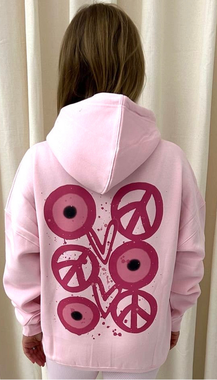 Pink Evil Eye, Peace, Heart Graffiti Hoodie Pink