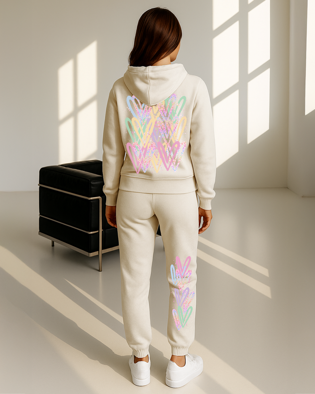 Pastel Leopard Print Hearts Printed Hooded Tracksuit Adult