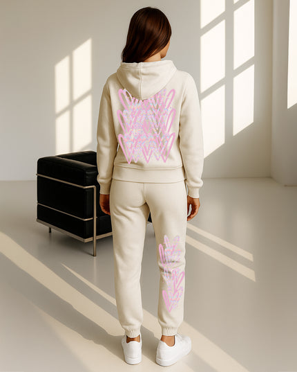 Pastel Zig Zag Hearts Printed Hooded Tracksuit Adult
