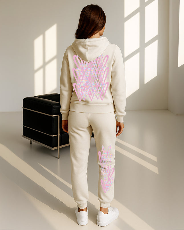 Pastel Zig Zag Hearts Printed Hooded Tracksuit Adult