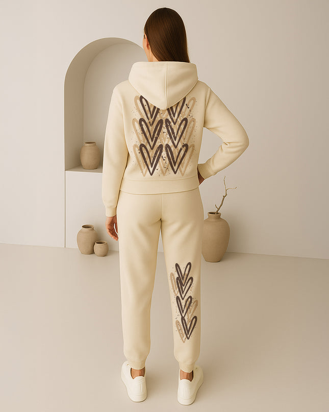 Beige Hearts Printed Hooded Tracksuit Adult