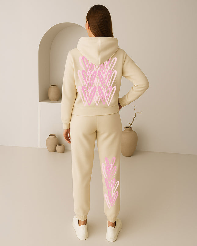Pink Hearts Printed Hooded Tracksuit Adult