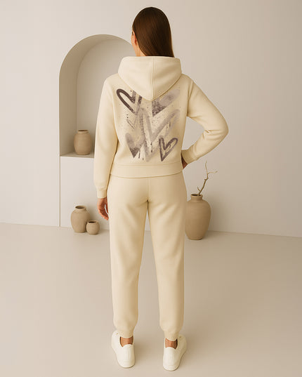 Beige Scattered Hearts Printed Hooded Tracksuit Adult