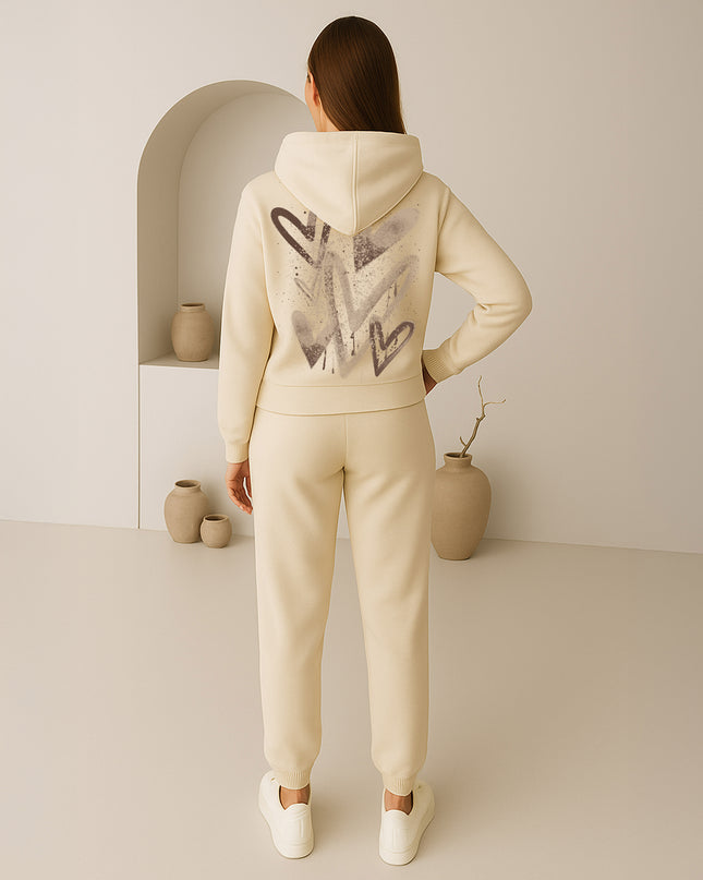 Beige Scattered Hearts Printed Hooded Tracksuit Adult