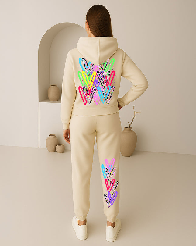 Bright Multi Colour Leopard Print Hearts Printed Hooded Tracksuit Adult