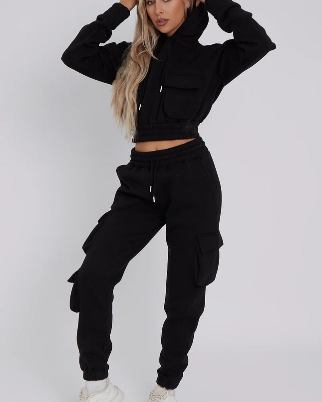Cargo Pockets Fleece Tracksuit Black