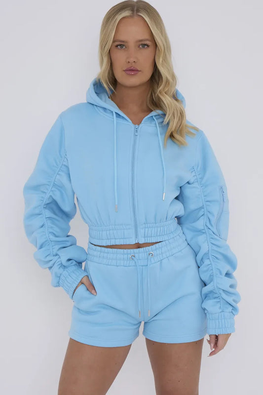 Cropped Zip Up Ruched Sleeve Hoodie & Shorts Fleece Co-ord Blue
