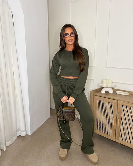 Cropped Zip Up Sweatshirt & Wide Leg Trouser Tracksuit Khaki