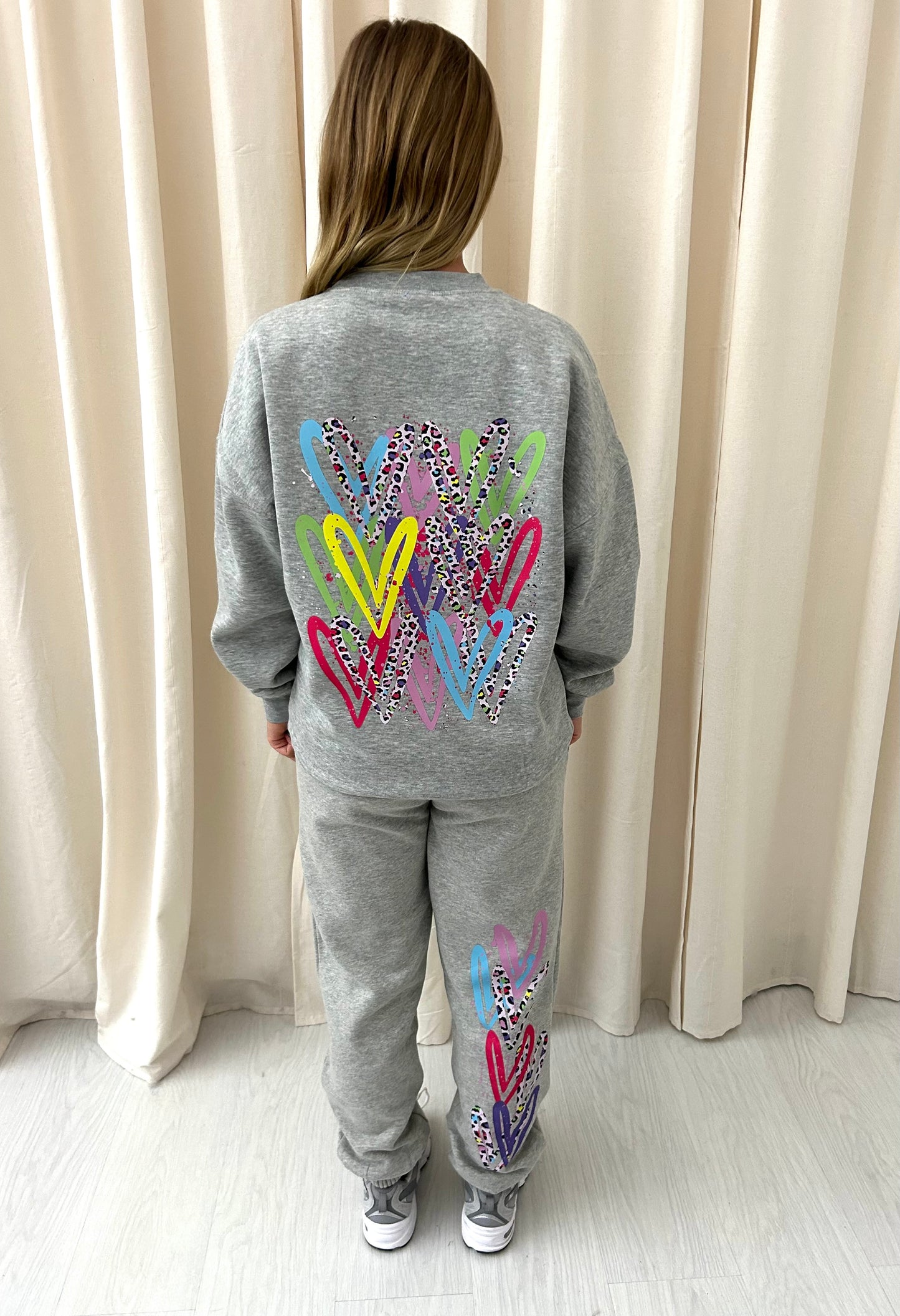 Multicoloured Leopard Print Heart Graffiti Sweatshirt Tracksuit Grey