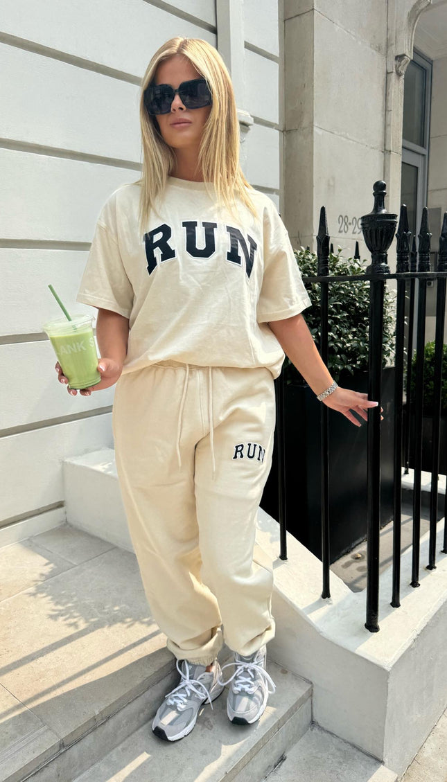 Run Appliqué 100% Cotton Sweatpants Cream