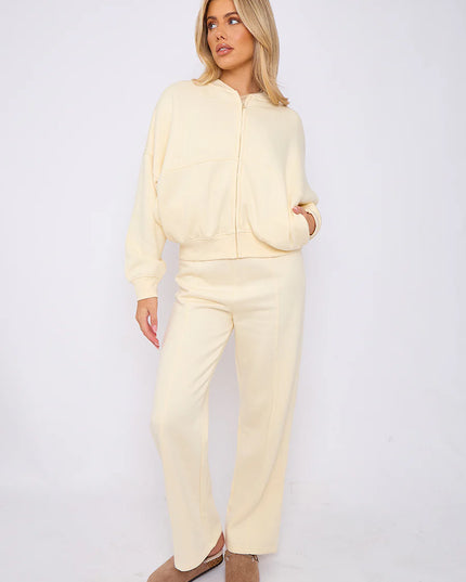 Oversized Bomber Style Fleece Zipper Co-ord Forest Cream