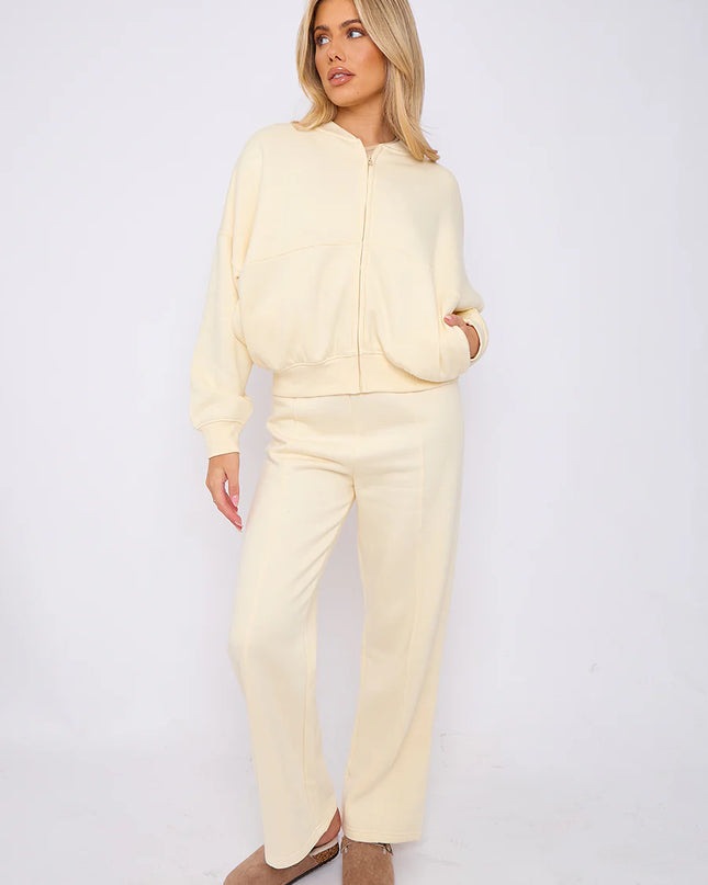 Oversized Bomber Style Fleece Zipper Co-ord Forest Cream
