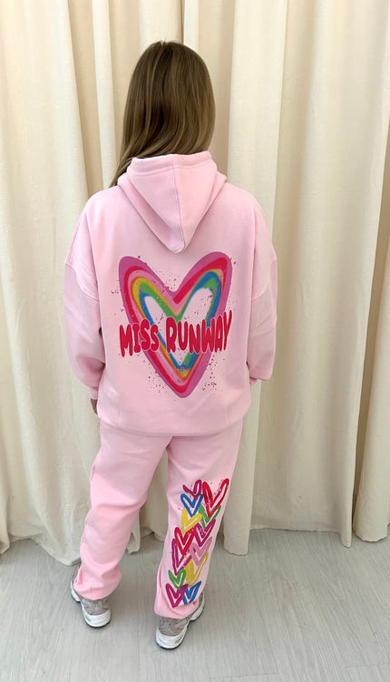 Miss Runway Multicolour Heart Graffiti Hooded Tracksuit Pink