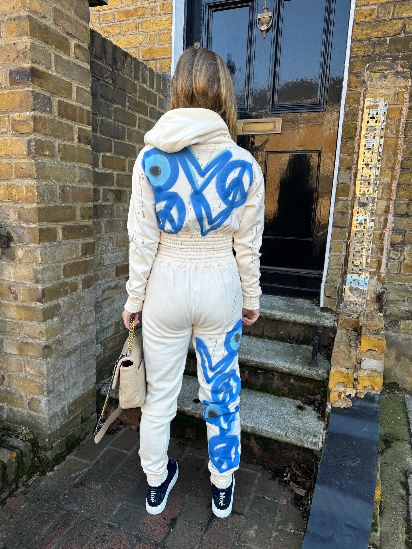 Cream Evil Eye,Peace, Heart Cropped Hooded Tracksuit