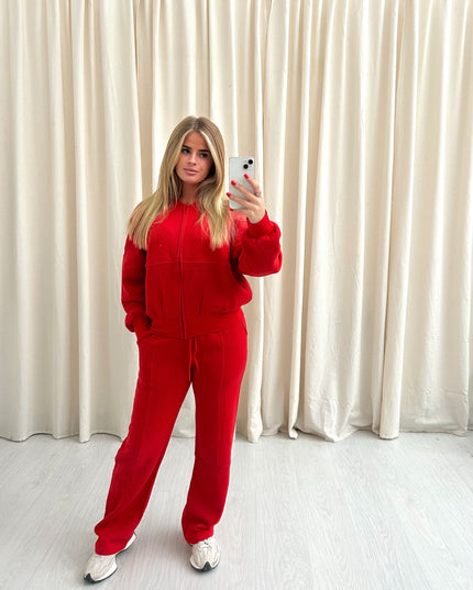 Red Oversized Bomber Style Fleece Zipper Co-ord