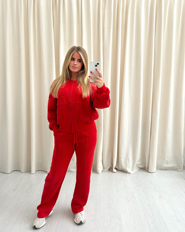 Red Oversized Bomber Style Fleece Zipper Co-ord