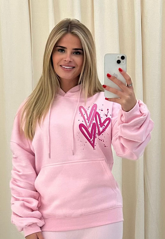 Miss Runway Pink Heart Graffiti Ruched Hoodie Pink