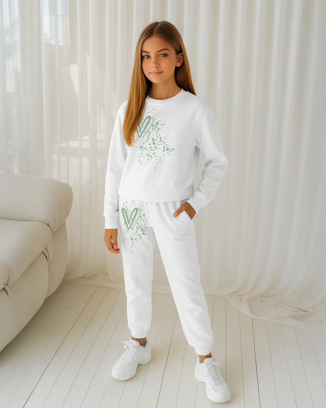 Sage Green Hearts Printed Sweatshirt Tracksuit Kids