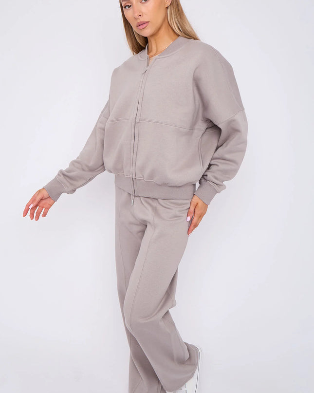 Oversized Bomber Style Fleece Zipper Co-ord Forest Dove Grey