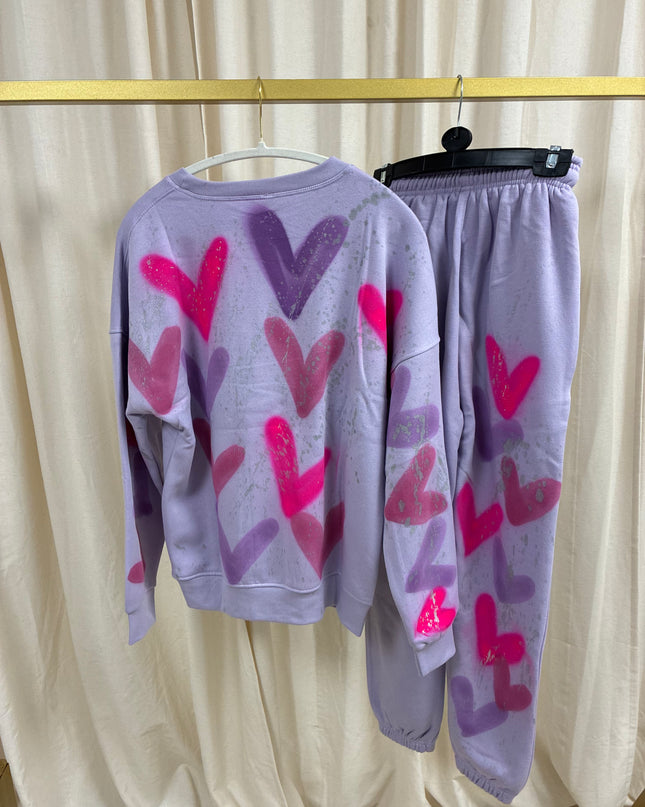 Lilac/Pink Heart Spray Painted Sweatshirt Tracksuit Adult